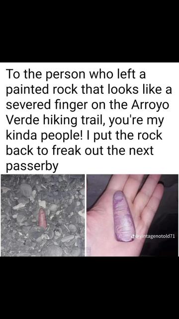 Screenshot; lower half has two side by side pics. The picture on the left is what looks like a severed finger lying on the ground amongst various bits of leaves and pebbles, the second is of someones outstretched left hand holding the "finger".

The top half is this caption in simple black on white lettering:

To the person who left a painted rock that looks like a severed finger on the Arroyo Verde hiking trail, you're my kinda people! | put the rock back to freak out the next passerby

