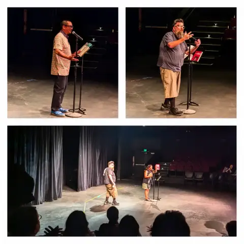 A. Triptych of performers from the evening on stage