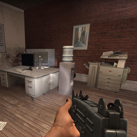 Screenshot aus dem Spiel "Left 4 Dead 2". Es zeigt ein heruntergekommenes Büro, in dem Monitore, Keyboards und ein großer Drucker stehen, die den genannten Modellen zum Verwechseln ähnlich sehen.