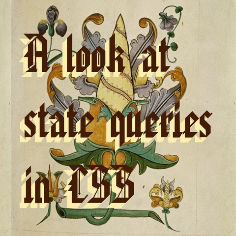 Brown blackletter text on illustration of fleur de lys from The Tudor Pattern Book. Stylised floral design. Iris, violet.