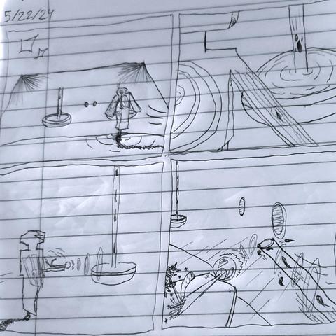 A photo, edited to be black and white, of a traditional art ballpoint pen sketched drawing, on Composition Notebook lined paper. The sketch is four panels of a wordless comic. Upper left depict a robotic character approaching a massive golden dome. At the base of this dome is a small, shadowed nook. Within this nook are two bowls collecting a black liquid, drop-by-drop, falling from two transparent tubes, seemingly from the dome. The upper right depicts an over-the-shoulder angle of the robot looking at one of these wells. The lower left panel depicts a compartment of the robot opening, with a previously torn-off device, now sitting on the compartment door. This rod with a glass sphere on the end of it is wired into the robot, and produces three rings of energy. In the bottom left, and final panel, this energy redirects one of the transparent tubes, towards one of the holes in the back wall of this nook.