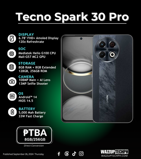 a smartphone tecno spark 30 pro with specifications