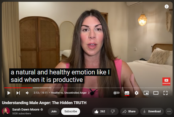 https://www.youtube.com/watch?v=4J5cmTpq2y4
Understanding Male Anger: The Hidden TRUTH

3,693 views  22 Sept 2024
Anger is a perfectly healthy emotion, but what happens when it spirals out of control? In this video, we delve into the complexities of anger and its impact on your relationships—whether with family, friends, or that special woman in your life. Discover the two types of anger: productive and counterproductive. Understanding these distinctions is crucial for processing rather than suppressing your feelings. We’ll explore the roots of anger and how childhood experiences shape our adult reactions.