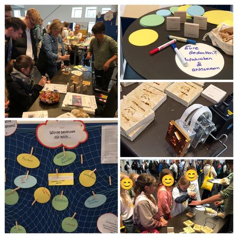 Collage Bilder von Gästen am PL-Stand, Brennstempel Würde unantastbar, Gedanken zu Würde auf Karteikarten