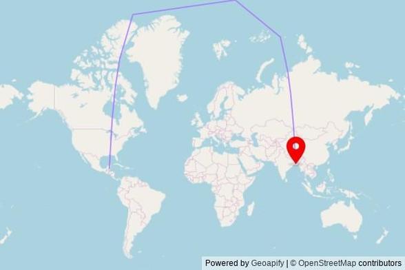 A map showing the great circle route from Corozal Town in Belize to a map pin at Sixty Dom Mosque, Old Rupsa Bagerhat Road, Bagerhat - 9300, Bangladesh
