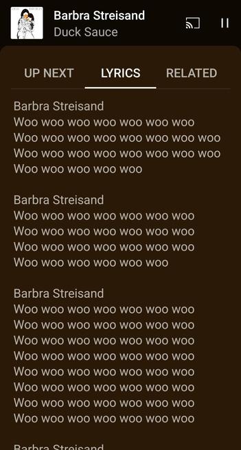 The lyrics to the song "Barbra Streisand" by Duck Sauce. It is mostly big blocks of woo's occasionally interrupted by the words "Barbara Streisand" if you don't happen to know the song.