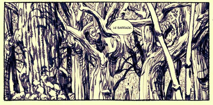Case extraite d'une bande dessiné. Plan de profil sur une forêt dense peuplée de vieux arbres. Au loin une femme âgée marche. Le tout est dessiné au noir et blanc au trait, mettant en valeur les textures des écorces.