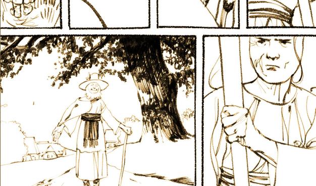 Extrait d'une planche de bande dessiné. On voit notamment un vieil homme avancer vers nous, obligé et souriant. Il a une barbe blanche sans moustache, une tunique blanche ceint d'un bandeau en tissu noir, un chapeau en feutre et un manteau tenu sur l'épaule par une sangle en cuir. Derrière lui un arbre au soleil et plus loin un village. Un bout de case apparaît sur le côté d'une vieille femme aux cheveux détachés et l'air mal commode, tenant un objet long à la main.