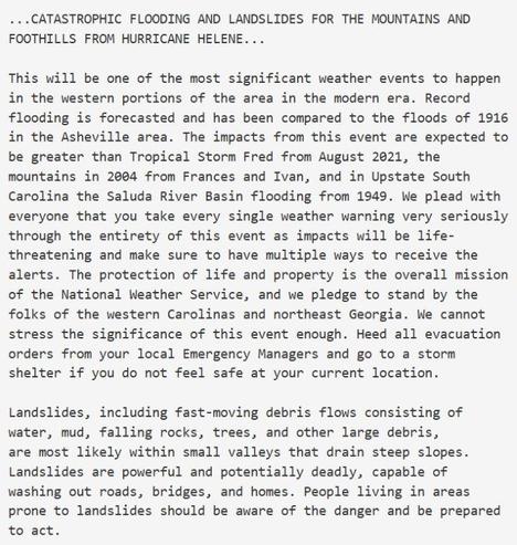 Dire warning for Appalachian region in the path of Helene