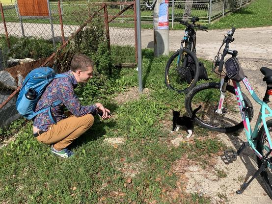 A man in a backpack and colourful patterned shirt crouches near two bicycles, looking at a small black and white cat which is exploring them