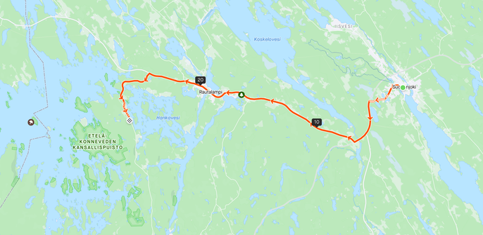 Karte mit Route von Suonenjoki nach Etelä-Konnevesi