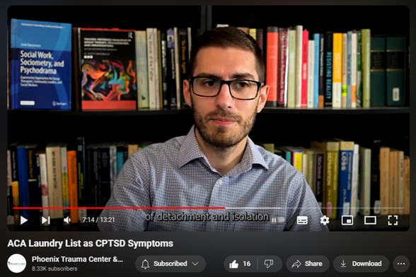 https://www.youtube.com/watch?v=6gWYJ-450wY
ACA Laundry List as CPTSD Symptoms

130 views  25 Sept 2024
This video explore the "Laundry List" outlined by Adult Children of Alcoholics (ACA/ACoA) literature as symptoms of complex posttraumatic stress disorder (CPTSD).