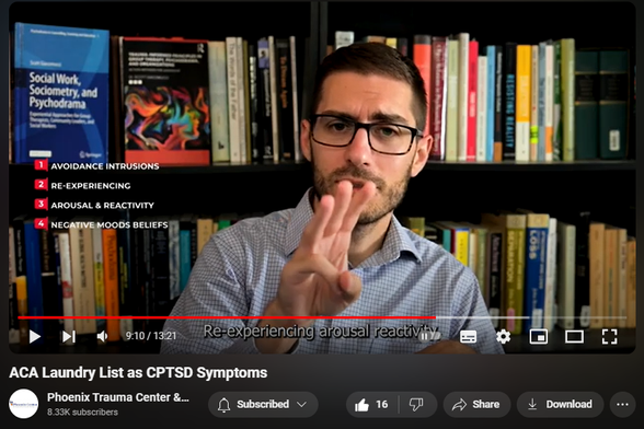 https://www.youtube.com/watch?v=6gWYJ-450wY
ACA Laundry List as CPTSD Symptoms
130 views  25 Sept 2024
This video explore the "Laundry List" outlined by Adult Children of Alcoholics (ACA/ACoA) literature as symptoms of complex posttraumatic stress disorder (CPTSD).