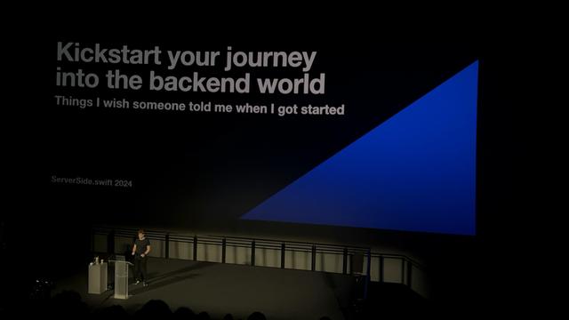 A speaker presents at a conference titled "ServerSide.swift 2024." A giant slide behind him reads "Kickstart your journey into the backend world" with subtext about things the speaker wishes he had been told when starting out. The setting is dim