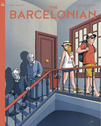 Ilustración de portada de la revista ficticia The Barcelonian, donde se ve llegar a una pareja de turistas, con su pequeño equipaje, a un apartamento del que se está marchando una pareja de ancianos para siempre, según se deduce de sus grandes maletas. Dibujante: Andreu Zaragoza