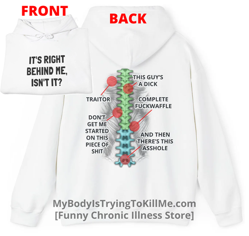 

The front of a hoodie says "it's right behind me, isn't it?
The back of a hoodie [pic of spine and muscles around it and then highlighted portions labeled - traitor, don't get me started on this piece of sh*t, this guys a d*ck, complete f*ckwaffle, and then there's this as*hole