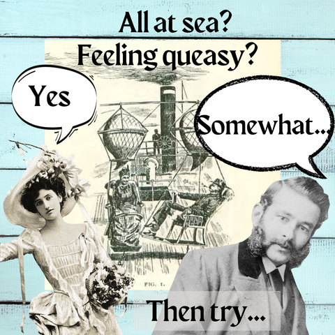 pale blue background, victorian illustration of passengers sitting on a ship; in the foreground, one Victorian female on the left, and one Victorian male on the right, looking queasy