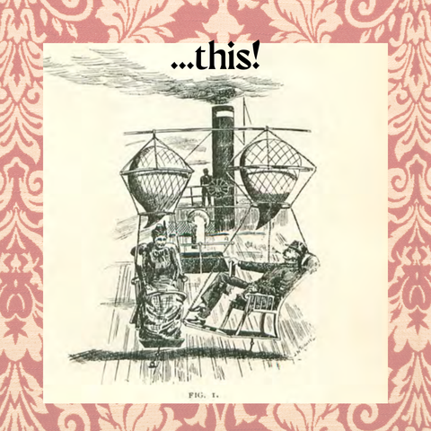 the invention: two Victorian passengers on a ship, sitting on deck chair suspended from balloons which are attached to a rod. The chairs are anchored to the deck