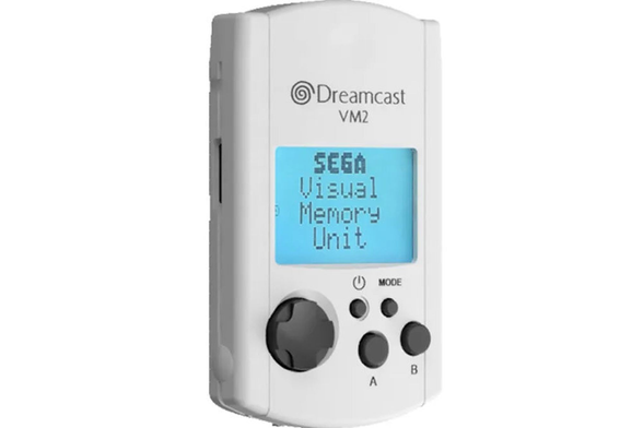 small plastic device labeled "Dreamcast VM2" with an illuminated blue led display that says "SEGA Visual Memory Unit" and black buttons one directional and the others labeled power "mode", "A" and "B", like a small gamepad. 