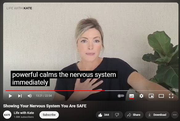 https://www.youtube.com/watch?v=hhniyg4HTwU
Showing Your Nervous System You Are SAFE

5,743 views  22 Sept 2024
Take a peak inside my Inner Circle!  In the Workshop, we dive into the crucial first step of healing your nervous system: creating internal safety and building capacity. If you've been dealing with adrenal fatigue, cortisol imbalance, or feeling stuck despite trying all the usual approaches, this is for you. Learn why nervous system healing is the foundation for true recovery and how small daily practices can dramatically shift your stress response. Discover four powerful methods to show your body it’s safe, starting with following your body's impulses.

If you want access to the full workshop, become of member of my Inner Circle for only $25/month!

Learn more here: www.lifewithkate.com/innercircle