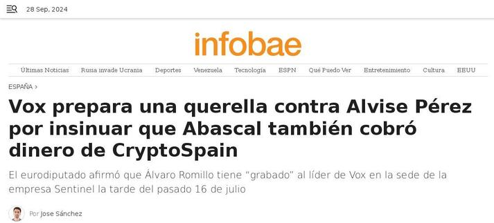 MEP  Alvise suggests that leader of Vox took cash from CryptoSpain
Headlines Infobae 2024 Sep.27