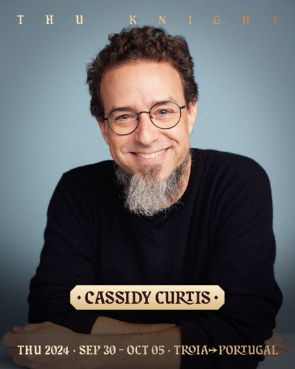 A professional-quality headshot of a goofy gentleman with glasses and a salt-and-pepper beard. Text around him tells us his name is Cassidy Curtis, and he’ll be speaking at THU 2024.