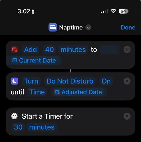 ios shortcut that sets a 30 min timer and turns on do not disturb for 40 mins
