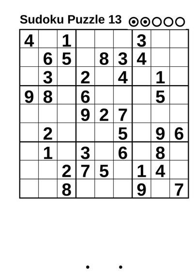 A large print level 2 difficulty Sudoku puzzle.