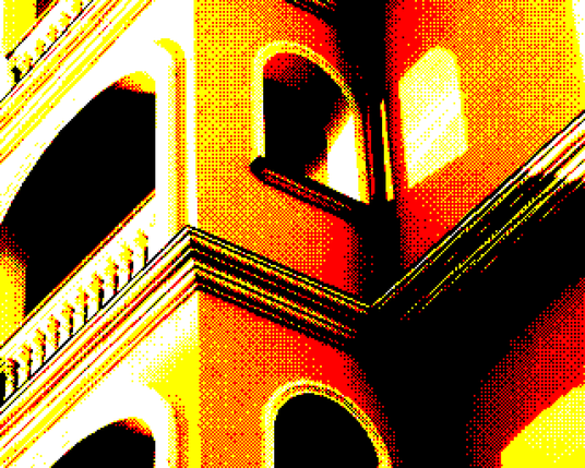 The frontage of a building with a protruding balcony in sunlight. Light is shining in the front of the balcony and through a side window onto the adjacent wall. Rendered in a limited colour palette (yellow, red, black and white) with significant visible dithering. 