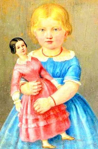 Painting of Victorian little girl with doll