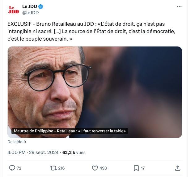 Tweet de Le JDD : «EXCLUSIF - Bruno Retailleau au JDD : "L’État de droit, ça n’est pas intangible ni sacré. […] La source de l’État de droit, c’est la démocratie, c’est le peuple souverain"»