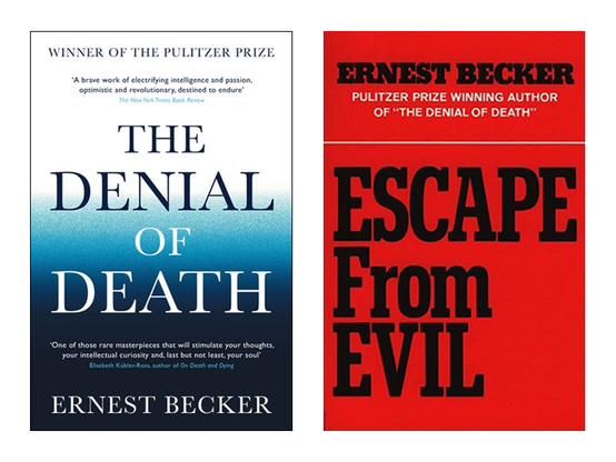 Graphic of the book covers of the books The Denial of Death and Escape From Evil, both by Ernest Becker.