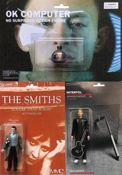Action figures of Thom Yorke (Radiohead), Morrissey (The Smiths), Paul Banks (Interpol) made by Jacob Alvarez for Marquee Marauders Club