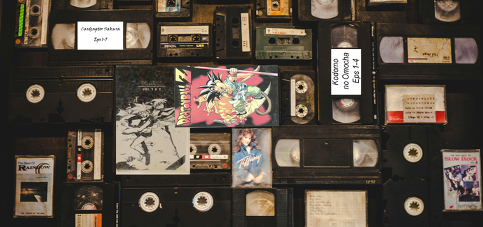 A photograph of VHS tapes, photoshopped to include labels for various fansub tapes