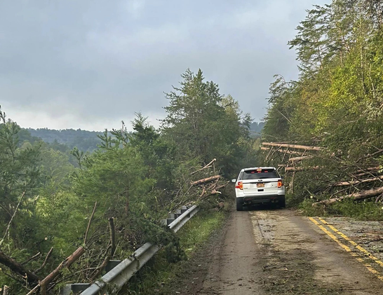 Rescue workers from the Pamlico County rescue team are shown working in the aftermath of Helene the area of Chimney Rock, N.C., Saturday, Sept. 28, 2024. Pamlico County Special Operations