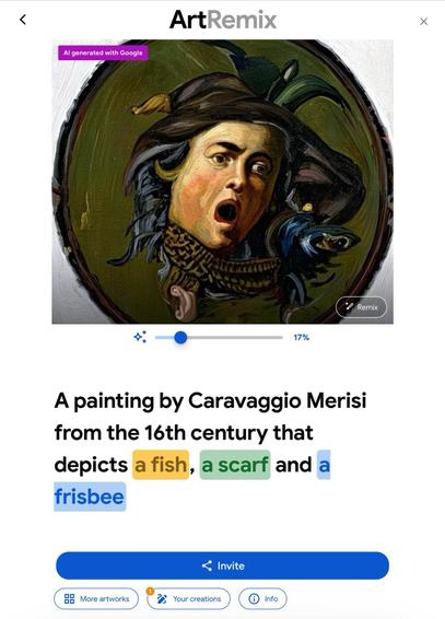 Screenshot shows the Google Arts & Culture app, which is using AI to mash up Caravaggio’s work with random items. Presumably, this increases shareholder value.