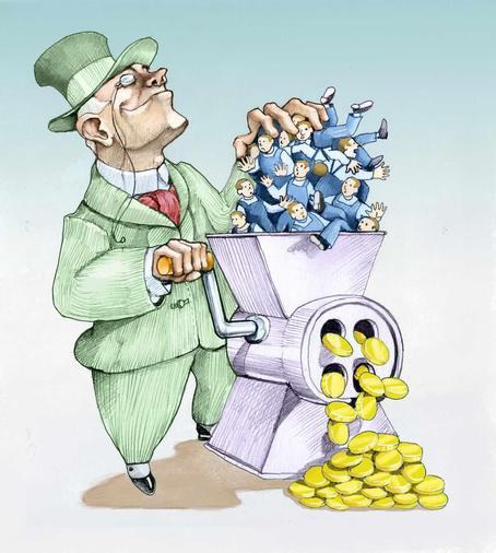 Green suit and Top Hat; monocle wearing, well heeled Capitalist feeds workers into meat grinder of wage system exploitation to produce gold coins (profits). 