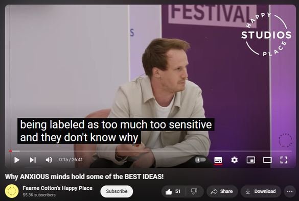 https://www.youtube.com/watch?v=EhVohk5f62w
Why ANXIOUS minds hold some of the BEST IDEAS!

1,685 views  25 Sept 2024  Happy Place Podcast
Do you A) assume everyone probably hates you? B) react impulsively to criticism? C) feel intense shame about the way your brain works? These are all things UNILAD founder Alex Partridge has felt across his life, but at 34 he was diagnosed with ADHD and his character started to make a little more sense...
In this chat with Fearne, live from the Happy Place Festival, Alex explains how his diagnosis allowed him to reframe the characteristics he had previously been troubled by, turning shame into compassion.
If you personally don’t have a neurodivergent brain, you probably work with someone, have a family member, or are in a relationship with someone who does, so Alex talks through ways you can help create an environment for them to thrive in.
Plus, there are loads of really practical coping mechanisms you can enact yourself if you’re the anxious one, or the one with ADHD.
 
Listen to Alex’s podcast, ADHD Chatter.
 
ABOUT FEARNE COTTON

Fearne Cotton is an English television and radio presenter, mother, broadcaster, writer and founder of Happy Place, a place where Fearne holds difficult but important conversations to encourage self-care and self-appreciation, creating a positive impact on the world, giving everyone a voice and actively listening.