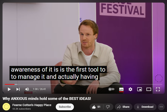 https://www.youtube.com/watch?v=EhVohk5f62w
Why ANXIOUS minds hold some of the BEST IDEAS!

1,685 views  25 Sept 2024  Happy Place Podcast
Do you A) assume everyone probably hates you? B) react impulsively to criticism? C) feel intense shame about the way your brain works? These are all things UNILAD founder Alex Partridge has felt across his life, but at 34 he was diagnosed with ADHD and his character started to make a little more sense...
In this chat with Fearne, live from the Happy Place Festival, Alex explains how his diagnosis allowed him to reframe the characteristics he had previously been troubled by, turning shame into compassion.
If you personally don’t have a neurodivergent brain, you probably work with someone, have a family member, or are in a relationship with someone who does, so Alex talks through ways you can help create an environment for them to thrive in.
Plus, there are loads of really practical coping mechanisms you can enact yourself if you’re the anxious one, or the one with ADHD.
 
Listen to Alex’s podcast, ADHD Chatter.
 
ABOUT FEARNE COTTON

Fearne Cotton is an English television and radio presenter, mother, broadcaster, writer and founder of Happy Place, a place where Fearne holds difficult but important conversations to encourage self-care and self-appreciation, creating a positive impact on the world, giving everyone a voice and actively listening.