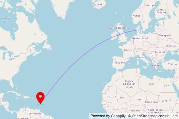 A map showing the great circle route from Horsens in Denmark to a map pin at God's Trumpet to the Nations, Reduit Road, Rodney Bay, Saint Lucia
