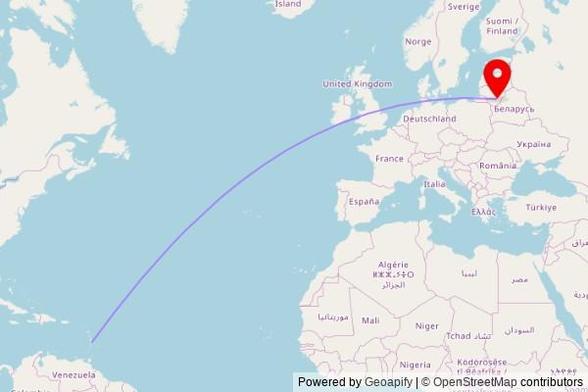 A map showing the great circle route from Rodney Bay in Saint Lucia to a map pin at Elektrėnų Švč. Mergelės Marijos Kankinių Karalienės bažnyčia, Atgimimo a. 1, 26128 Elektrėnai, Lithuania