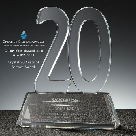 Crystal 20 years of service award, crystal 20 years award, 20 years crystal award, crystal anniversary award, 20 years anniversary award, work anniversary award, long service award in crystal, crystal service award by year, crystal number award, number shaped crystal award, corporate crystal awards, crystal awards supplier USA β Creative Crystal Awards