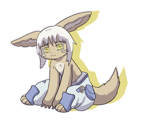 nanachi is sitting without the hat in the blue suit