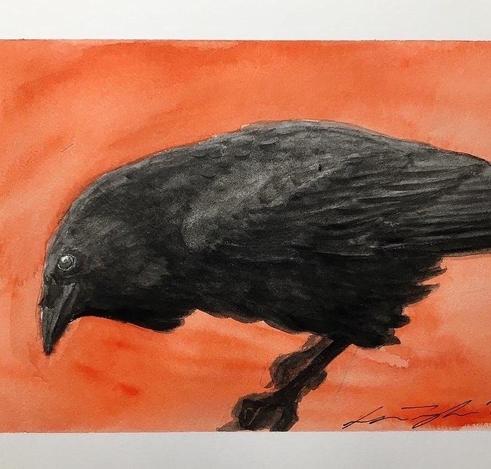 A watercolor painting of a raven against an orange background