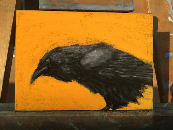 A pastel painting of a raven against a bright orange background