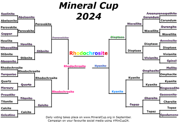 Mineral Cup 2024 bracket with its champion, Rhodochrosite!