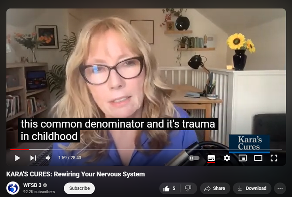 https://www.youtube.com/watch?v=kDttryQpGmA
KARA'S CURES: Rewiring Your Nervous System

98 views  Streamed live on 30 Sept 2024
Anna Runkle talks about her new book, Re-Regulated: Set Your Life from Childhood PTSD and the Trauma-Driven Behaviors That Keep You Stuck.