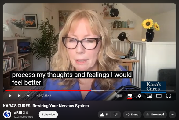 https://www.youtube.com/watch?v=kDttryQpGmA
KARA'S CURES: Rewiring Your Nervous System

98 views  Streamed live on 30 Sept 2024
Anna Runkle talks about her new book, Re-Regulated: Set Your Life from Childhood PTSD and the Trauma-Driven Behaviors That Keep You Stuck.