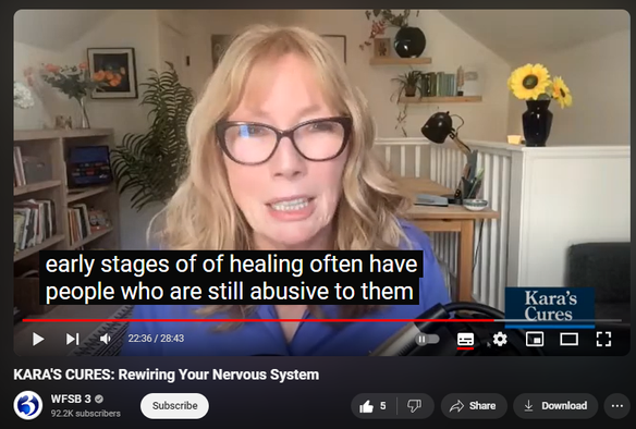 https://www.youtube.com/watch?v=kDttryQpGmA
KARA'S CURES: Rewiring Your Nervous System


98 views  Streamed live on 30 Sept 2024
Anna Runkle talks about her new book, Re-Regulated: Set Your Life from Childhood PTSD and the Trauma-Driven Behaviors That Keep You Stuck.