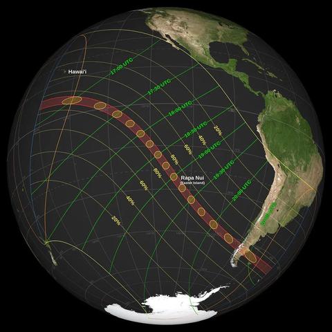 Trayectoria del eclipse anular de sol del 2 de octubre de 2024. Centrado en el Pacífico, recorre desde el sur de Hawaii a la Patagonia.